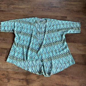 Women's LuLaRoe Kimono Cardigan Green/Blue Geometric Print Size L